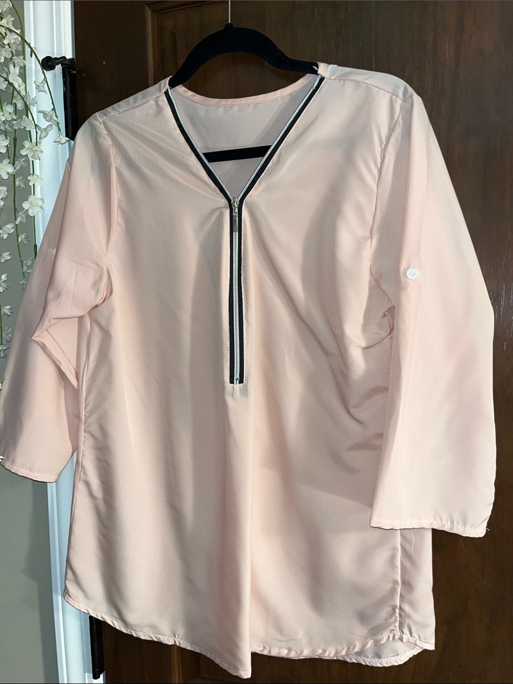 Soft Peach V-Neck Zip-Front 3/4 Sleeve Tunic Top NWOT